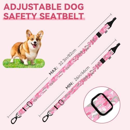 Pawaboo Dog Car Seat Belt– Reflective & Adjustable Dogs Cars Harness Leash with 360° Lockable Buckle, Shockproof Dogs Tether Bungee for Safe Travel, Pink Camouflage - Image 6