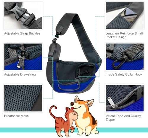 Pet Sling Carrier, Up to 5 lbs, Dog Papoose with Zipper Touch Pocket, Hand Free Breathable Mesh Puppy Carrier, Crossbody Satchel Dog Purse for Outdoor Travel, M, Blue - Image 3