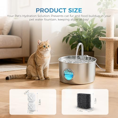 Cat Water Fountain Filter Replacement,24 Pack Pet Fountain Filters - 12 Filters & 12 Sponges 74oz/2.2L Stainless Steel Pet Fountain Cat Water Dispenser - Image 2
