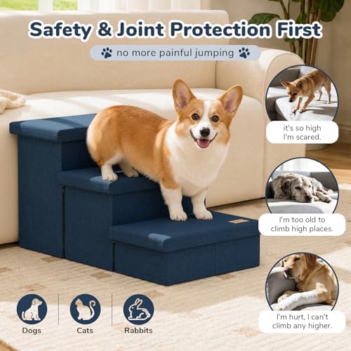 3-Step Wide Dog Stairs with Hidden Storage 18" H, Non-Slip Dog Steps for High Bed Couch Window Car, Jiont-Friendly Pet Stairs Ramp for Small/Medium/Large Old Dogs Cats Up to 220lbs, Navy - Image 6