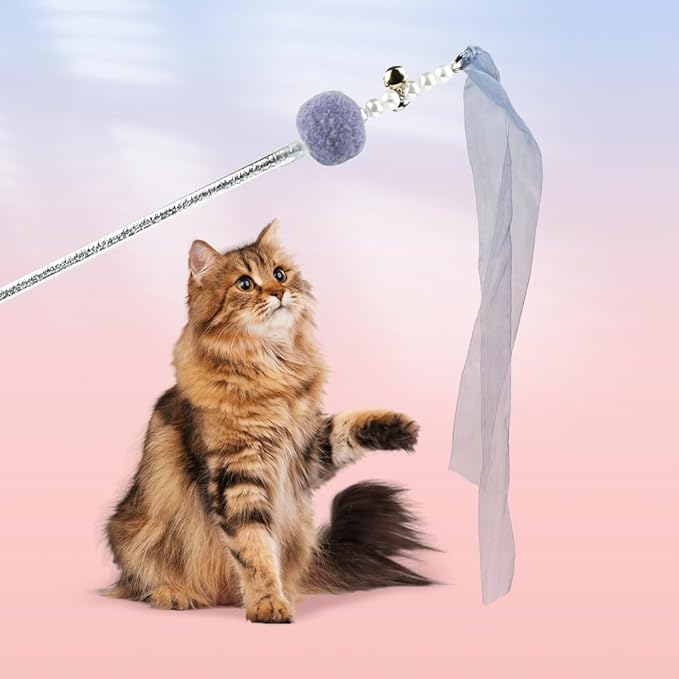 Cat Wand Toys, 5Pcs Interactive Kitten Feather Wand Toys for Bored Indoor Cats, Cat Teaser Wand with Bell and Crinkly Paper, Grey