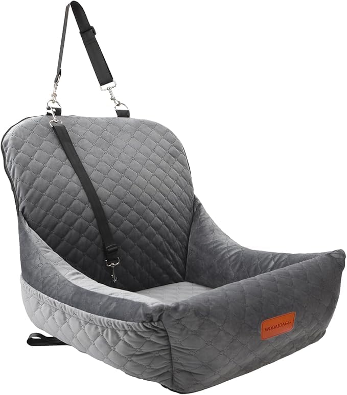 WOOAIDAGG Dog Car Seat,Fully Detachable and Washable Cover,Easy to Assemble,Comfy Cushion Fill in Memory Foam,2 Clip-On Safety Leashes and Storage Pockets (Grey)