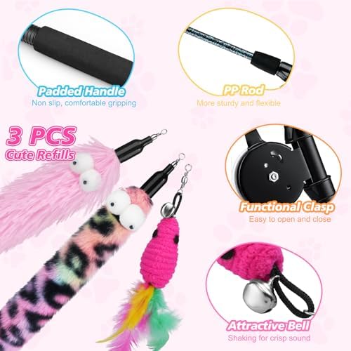 Pawaboo Cat Teaser Wand Toys, Cat Fishing Pole Toy with 3 PCS Feathers - Image 5