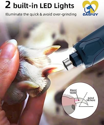 Casfuy Dog Nail Grinder Quiet - (45db) 6-Speed Pet Nail Grinder with 2 LED Lights for Large Medium Small Puppy Dogs/Cats, Professional 3 Ports Rechargeable Electric Dog Nail Trimmer with Dust Cap - Image 4