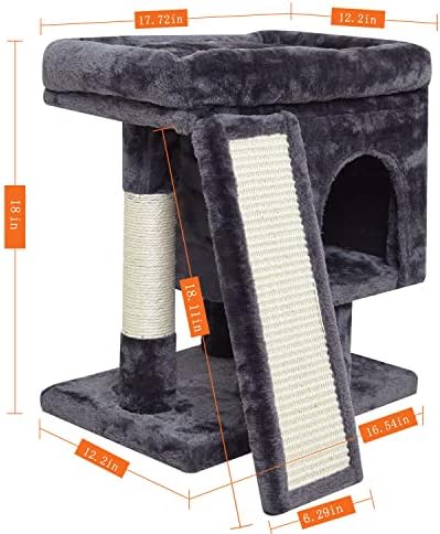 SYANDLVY Small Cat Tree for Indoor Cats Large Adult, Activity Tower with Scratching Post, Modern House with Padded Perch, Kittens Condo with Board, Cat Cave (Smoky Grey) - Image 2