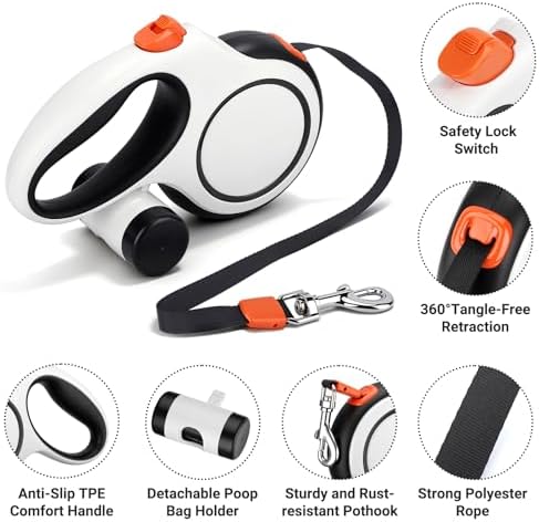 Segarty 16 Ft 360°Tangle-Free Leash with Detachable Waste Bag Holder, Retractable Dog Lead for Pet up to 66 Lbs, 5m White Walking Leash with Anti-Slip Handle & One-Handed Brake Pause Lock for Outdoors - Image 3