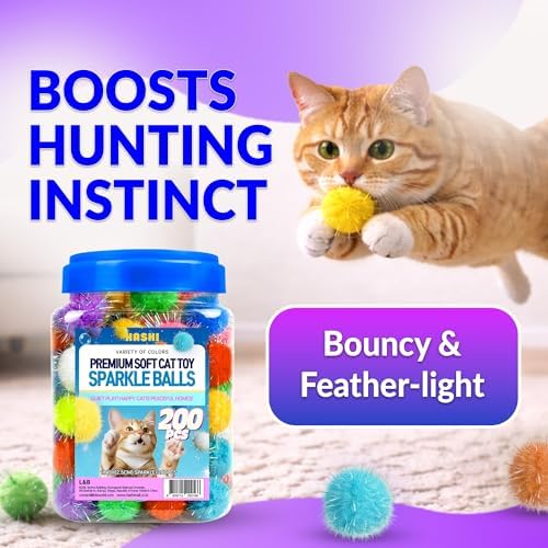 HA SHI Sparkle Cat Toy Balls 200 Pack, Tinsel Pom Poms with Storage Jar - Image 4