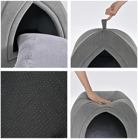 Amazon Basics Cat Cave Bed, 2-in-1 Foldable House for Indoor Cats, with Washable Cushion and Non-Slip Base, 15 x 15 Inches, Small, LightGray - Image 2