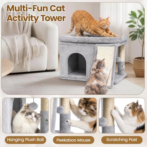 Cat Tree Tower with Scratching Post for Large Kitty, Light Grey - Image 4