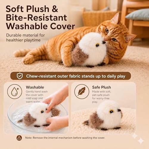 Flapping Bird Cat Toy, White Sparrow Plush Touch Activated Bird Chirp Cat Toy with Refillable Catnip, USB Rechargeable Interactive Kitten Exercise Toy,4.92"(No Flying) - Image 7