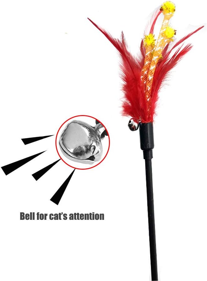 IUHKBH Cat Wand, 4 PCS Interactive Feather Stick Flexible Kitten Wand Safe Cat Teaser Wand for Indoor, All Breed Sizes