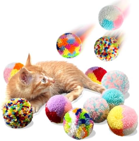 Assorted Color Cat Ball Toys, Woolen Yarn Puffs Pom Balls Interactive Kitten Chasing Toys Cat Chase Balls (12Pcs) - Image 2