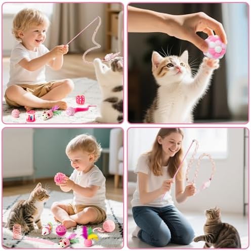 MALLMALL6 Cat Toy Set Interactive Cat Toys 27Pcs Pack Stuff Pink Feather Teaser Wand Springs Mice Sisal Fish Crinkle Balls Bell Balls, Puzzle Pack for Indoor Kitty Play Exercise - Image 4