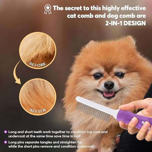 Detangling Pet Comb for Dogs & Cats with Long & Short Stainless Steel Metal Teeth for Removes Tangles and Knots - Detangler Grooming Tool for Dematting Matted Fur. - Image 4