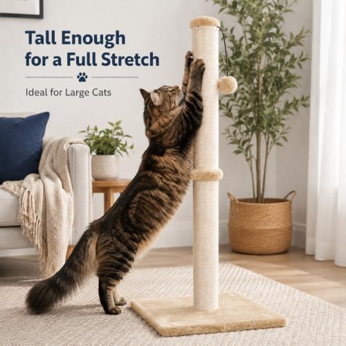 Dimaka 34" Height Tall Cat Scratching Post, Claw Scratcher with Sisal Rope and Covered with Soft Smooth Plush, Vertical Scratch [Full Strectch] (Light Brown, 34 inches for Large Cats) - Image 5