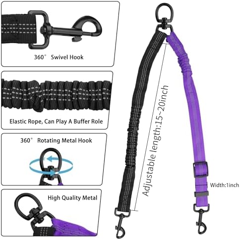 YAODHAOD Double Dog Leash,Two Dog Leash Splitter, No Tangle 360° Swivel Rotation Reflective Lead, Adjustable Length Bungee Heavy Duty Walking Training Dual Extension (Black + Purple) - Image 3