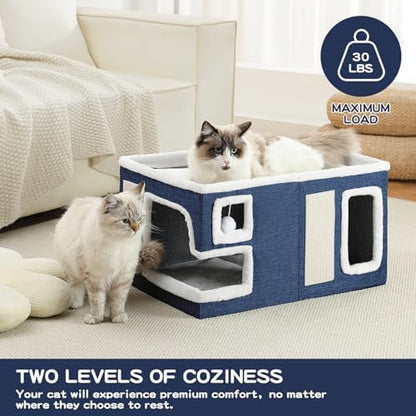 Large Cat Houses for Indoor Cats, Extra Wide Cat Cave Bed with Scratch Pad and Fluffy Ball, Foldable Cat Hideaway Condo for Large Cats, Modern Kitten Bed,23x16x13 inches (Blue, X-Large) - Image 5