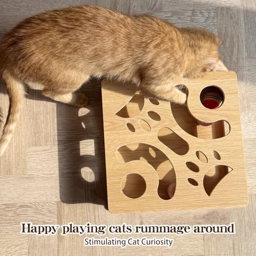 Interactive Wooden Cat Puzzle Toy Box with 4 Balls Interactive Cat Toy for Indoor Cats Indoor Hunting Play Toy Treat Puzzle Toys for Cats - Image 5