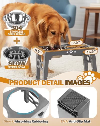 Jovrun Elevated Dog Bowls for Medium Large Size Dogs, Non-Slip Dog Feeder with 1*Stainless Steel Dishes & 1*Slow Feeder Bowl, 5 Heights Adjustable Raised Bowls to 3.15″-8.66″-9.84″-11.02″-12.2″ - Image 4