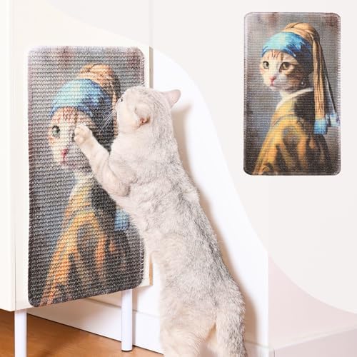 Furrther Sisal Cat Scratcher Post Mat (Use on Wall, Couch and Carpet), Shedding-Resistant Scratching Surface - 21.7x13 with Hoop and Loop Adhesives, Pads and Twist Pins (Cat with A Pearl Earring) by ABetterLifewithPets