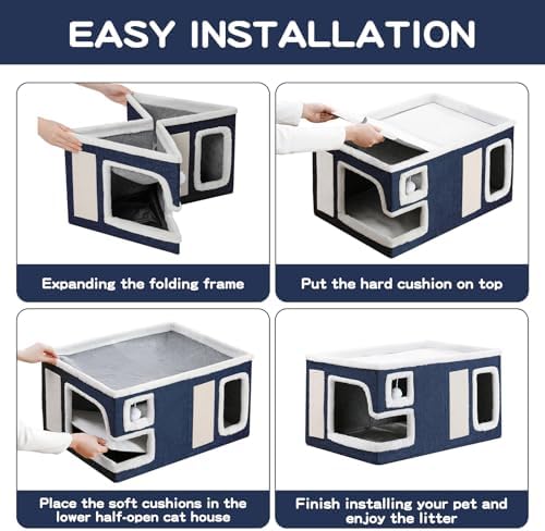 Large Cat Houses for Indoor Cats, Extra Wide Cat Cave Bed with Scratch Pad and Fluffy Ball, Foldable Cat Hideaway Condo for Large Cats, Modern Kitten Bed,23x16x13 inches (Blue, X-Large) - Image 7