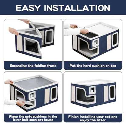 Large Cat Houses for Indoor Cats, Extra Wide Cat Cave Bed with Scratch Pad and Fluffy Ball, Foldable Cat Hideaway Condo for Large Cats, Modern Kitten Bed,23x16x13 inches (Blue, X-Large) - Image 7