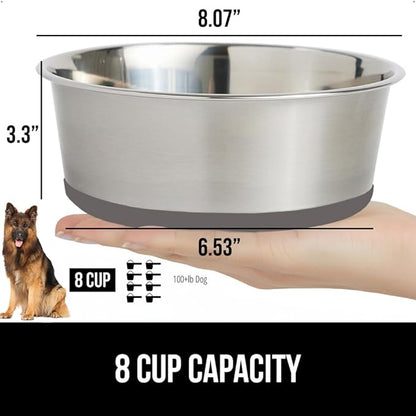 GORILLA GRIP Dog Bowl, Holds 8 Cups (64 fl oz), Food Grade 304 Stainless Steel Food and Water Bowl for Feeding Dogs and Cats, BPA Free Rubber Base, Easy Clean, Dishwasher Safe, Rust Resistant, Gray