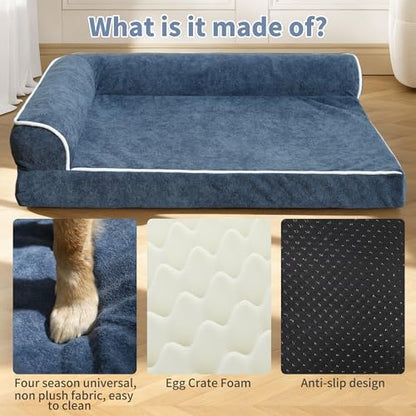 Orthopedic Dog Bed with Pillow L-Shape Dog Sofa for Large Medium Dogs, Dogs Couch with Removable Washable Cover, Pet Bed with Nonskid Bottom(Blue, X-Large(42x30in)) - Image 3