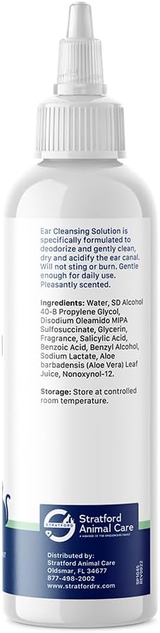 Stratford Pharmaceuticals Ear Cleaner & Drying Solution for Dogs & Cats w/Aloe Vera to Wash Debris, Wax, Odor & Irritation Relief, Sweat Pea Vanilla Scent, 12 oz