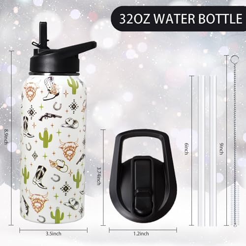 32oz Western Stainless Insulated Aater Water Bottle with Straw,Western Cow Skull Gym Hiking Sports Coffee Mug Cup Water Bottles,Western Cow Skull Cowboy Copper Cowgirl Decor Stuff Accessories - Image 2