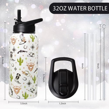 32oz Western Stainless Insulated Aater Water Bottle with Straw,Western Cow Skull Gym Hiking Sports Coffee Mug Cup Water Bottles,Western Cow Skull Cowboy Copper Cowgirl Decor Stuff Accessories - Image 2
