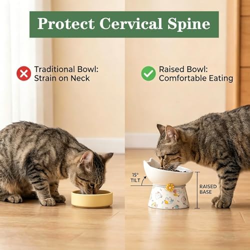Elevated Ceramic Cat Bowls，15° Tilted Raised Cat Food Bowl, Anti Vomiting Pet Feeder, Protect Pet's Spine, Feeding Dish for Indoor Kittens and Small Dogs,（ Cat Pattern） - Image 4
