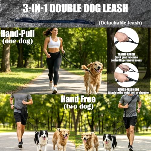 3-in-1 Hands Free Double Dog Leash with Detachable Pouch,Waist Dog Leash for 2 Dogs with Reflective Stitches 4 Comfortable Padded Handles Shock Absorbing Bungee,Tangle Free for Walking Jogging Hiking - Image 7