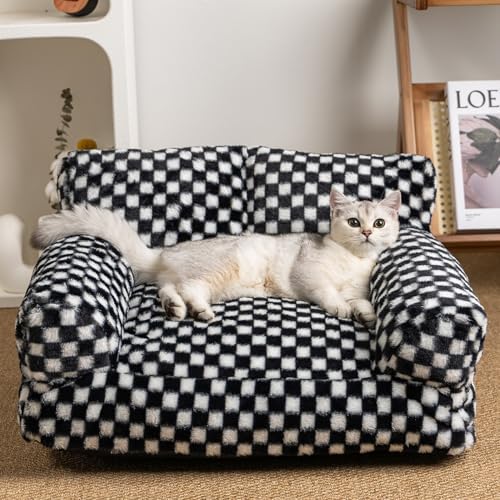 Faux Fur Cat & Dog Sofa Cat Couch Mini Cat Bed Indoor Human Style Pet Sofa, Modern Pet Furniture for Cats, Washable ＆ Removable Cover, for Cats and Small Medium Dogs (Black/White, Medium(24X19 inch)) by WARFORT