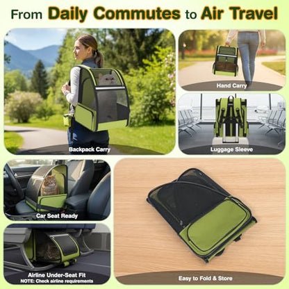 Cat Backpack Carrier for Travel Hiking: Expandable Foldable Breathable Mesh Soft Sided Ergonomic Design Small Dog Puppy Kitty up to 15lbs Camping Outdoor Green - Image 2