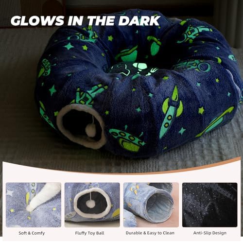 Under Christmas Tree Large Cat Tunnels Bed Tube for Indoor Cats Glows in The Dark Cat Tunnel with Cushion and Plush Ball Toy Toys for Dog Puppy Kitten Rabbit Bunnies Ferret Pet Blue - Image 2