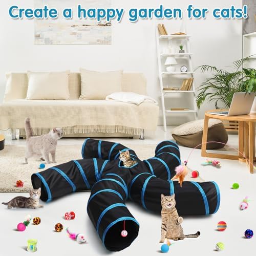 Poen 21 Pcs Cat Tunnel for Indoor Set Collapsible 5 Way Tubes with 20 Pcs Cat Kitten Toys Interactive Feather Toy Mouse Crinkle Balls Tube for Puppy Kitten Rabbit(Blue Black) - Image 3