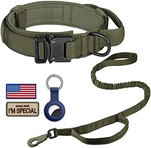 DAGANXI Tactical Dog Collar, Adjustable Military Training Nylon Dog Collar with Control Handle and Heavy Metal Buckle for Medium and Large Dogs, with Patches and Airtags Case (M, Green-Set) by DAGANXI