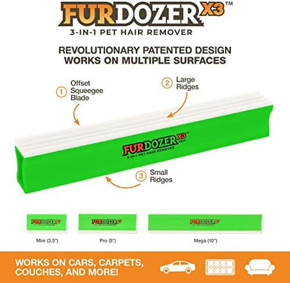 FurDozer Pet Hair Remover & Auto Detailing Tools - Cat & Dog Hair Remover for Carpets, Car Interiors, Couches, Bedding, & Pet Furniture (Green, X3 MEGA - 10" Long) - Image 2