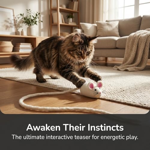 Glaciart One XXL Felt Mouse Cat Toy – 6” Body + 98” Tail – Large Cat Enrichment Toy – 100% Natural Wool with Catnip – Interactive Teaser for Big Cats – Safe Non-AZO Dyes - Image 4