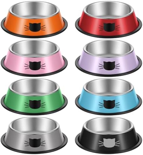 8 Pack Cat Bowls, Stainless Steel Cat Water Food Bowl Set with Anti-Slip Base, 7oz Shallow Pet Dish for Kittens & Small Dogs, Multi-Color (Blue, Black, Purple, Orange, Green, Gray, Red, Pink) by Unknown