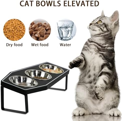 Gothic Cat Food Bowls Elevated, Raised Cat Bowls for Indoor, Non-Slip Stand & Wood Board, Stainless Steel and Whisker Friendly Food Bowls (Cat Bowl*3) - Image 2
