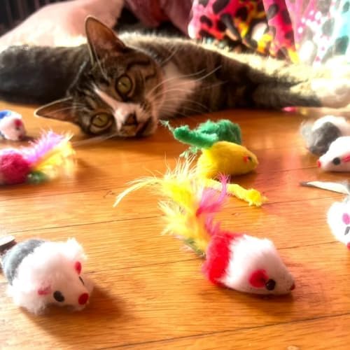 Smokey's Stash Faux Fur Cat Mice Toys (12-Pack) – Infused with Catnip, Colorful Feather Tails & Rattle Sounds – Interactive Hunting Exercise for Indoor Cats & Kittens - Image 2