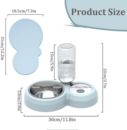 Double Dog Cat Bowls, Pets Food and Water Bowl Set with Automatic Water Dispenser and Stainless Steel Bowl Silicone Dog Bowl Mat, Gravity Feeder for Cats and Small Dogs Puppies (Grey)
