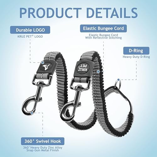 Double Dog Leash for Small Dogs (Width - 5/8”, Length 14"-27”) | Nylon Dual Dog Leash with Tangle-Free Swivel | Shock-Absorbing Reflective Bungee for Comfortable Walking & Training – Grey - Image 2