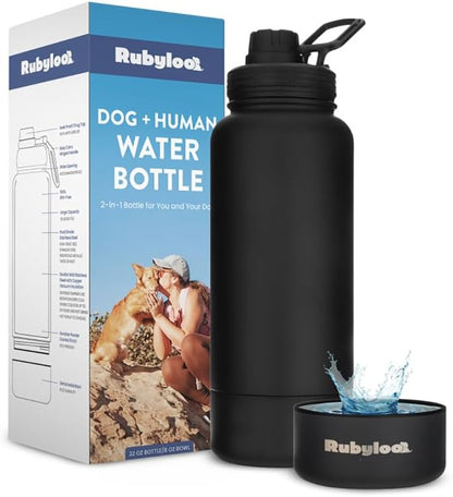 Dog Water Bottle for Dog Lovers - 32 oz Stainless Steel Double Wall Insulated Water Bottle with 8 oz Detachable Bowl on Bottom for Doggy Mom & Dad for Hiking, Walks, Travel - Black