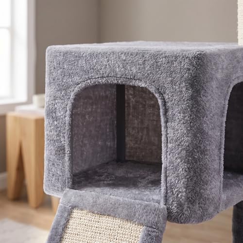 Roypet 32" Cat Tree for Indoor Cats, 2-in-1 Cat House with Sisal Scratching Post & Ramp, 2-Level Cat Tower with Rotatable Feather & Ball Toys, Stable Grey Cat Condo for Small/Medium Cats, Grey - Image 5