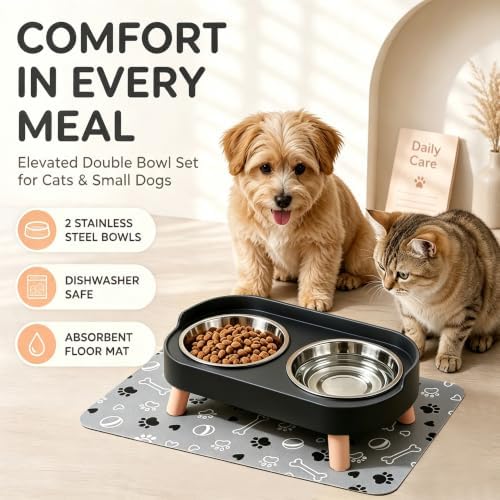 Elevated Dog Bowls with Mat, 2 Stainless Steel for Small Dogs Under 25 Lb - Image 2