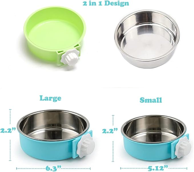 Love Dream Crate Dog Cat Bowls - Removable Stainless Steel Hanging Pet Cage Bowls for Kennel, Water Food Feeder Cage Coop Cup for Cats, Dogs, Rabbits and Small Animals (Small, Green)
