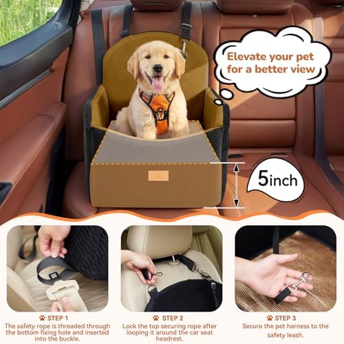 Dog Car Seat for Medium/Small Dogs, Dog Booster Car Seat, Pet Booster Seats Up to 40lbs with Waterproof Layer, 3 Storage Pockets and Safety Belt (Black/Brown) - Image 3